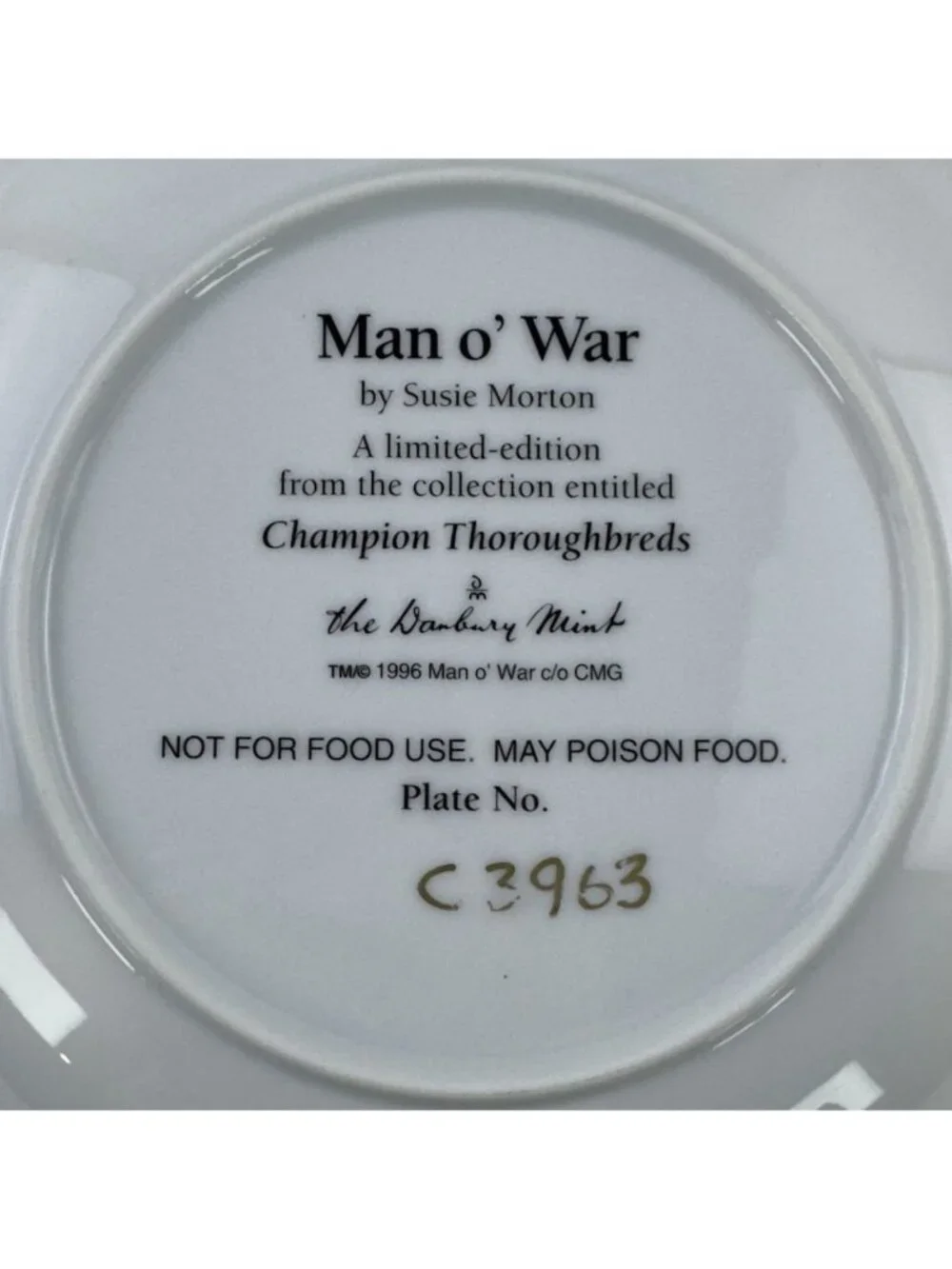 Vtg Man O War Champion Thoroughbreds Limited Edition Collector Plate 1996 8-inch - Picture 4 of 9